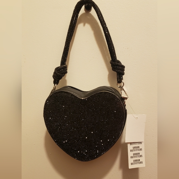 Kimchi Blue NWT Black Rhinestone Heart Mini Baguette Bag |Coquette Girl Y2K Glam - Picture 5 of 12
